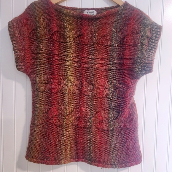 VTG Fiorella Italy Womens Medium Wool Blend Cable Short Sleeve Sweater Granola - Picture 2 of 9